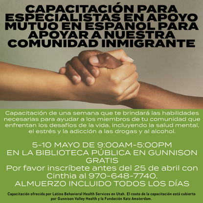 Capacitación para especialistas en apoyo mutuo en Español para apoyar a nuestra comunidad inmigrante : Peer support specialist training in Spanish